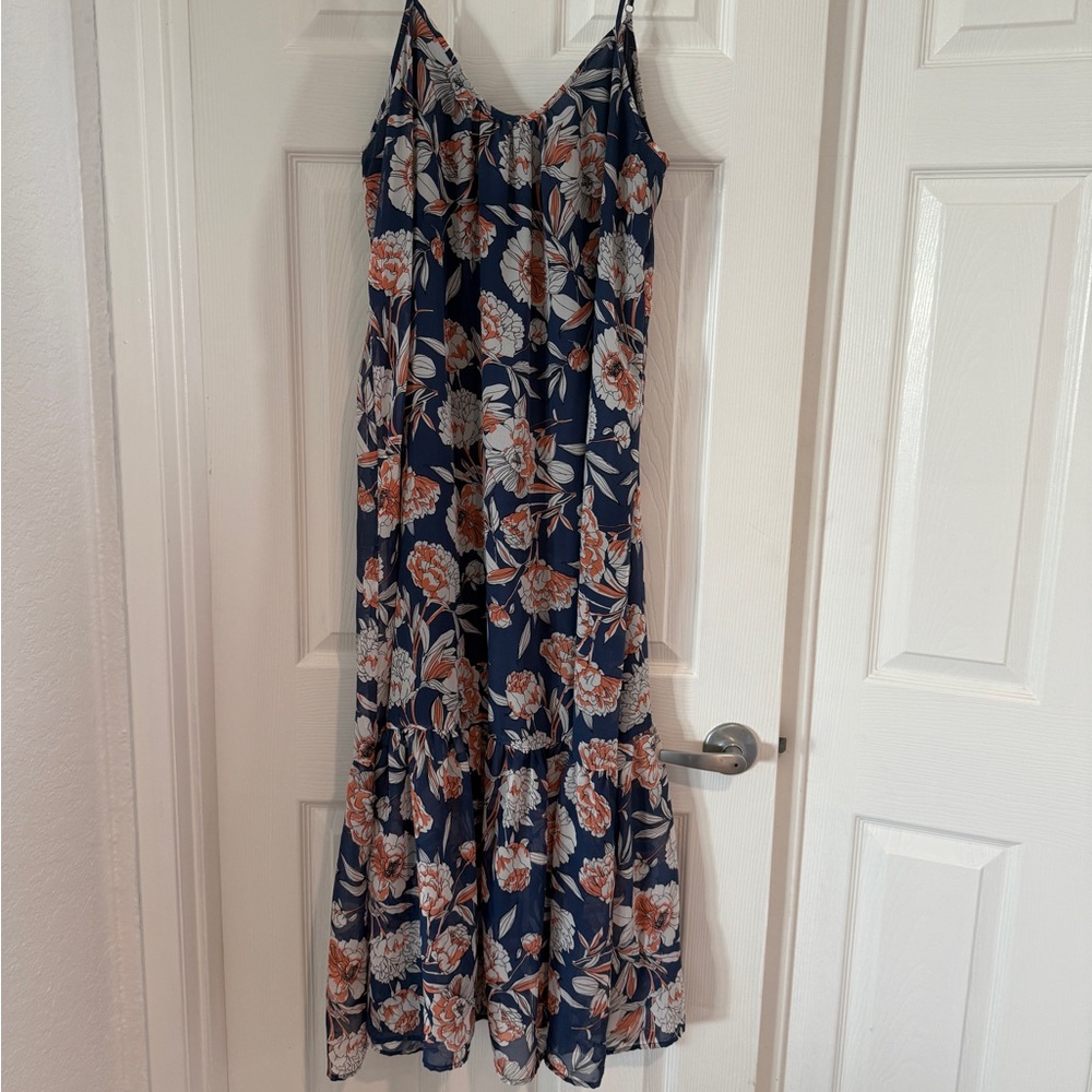 Veronica M Floral Navy White Orange Ruffle Chiffon lined Maxi Sun Dress large